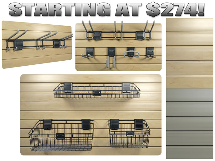 Slat-wall garage storage baskets and hooks - accessories and more